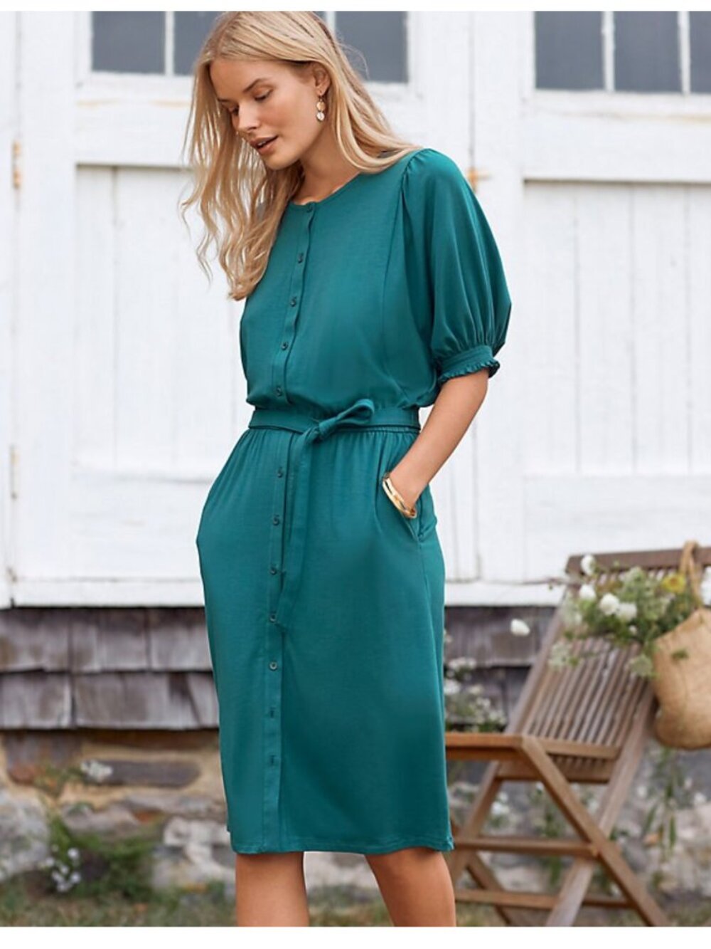 NWT GARNET HILL Smocked Elbow-Sleeve Knit Dress in Teal SizeL